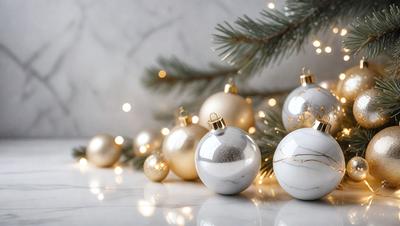 The primary subject of the image is a group of Christmas ornaments, including gold and white balls, placed on a tree. The setting is a Christmas tree with lights, and the visual style is a photo. The colors and mood of the image are festive and joyful, as the ornaments are arranged to create a beautiful and holiday-themed display.